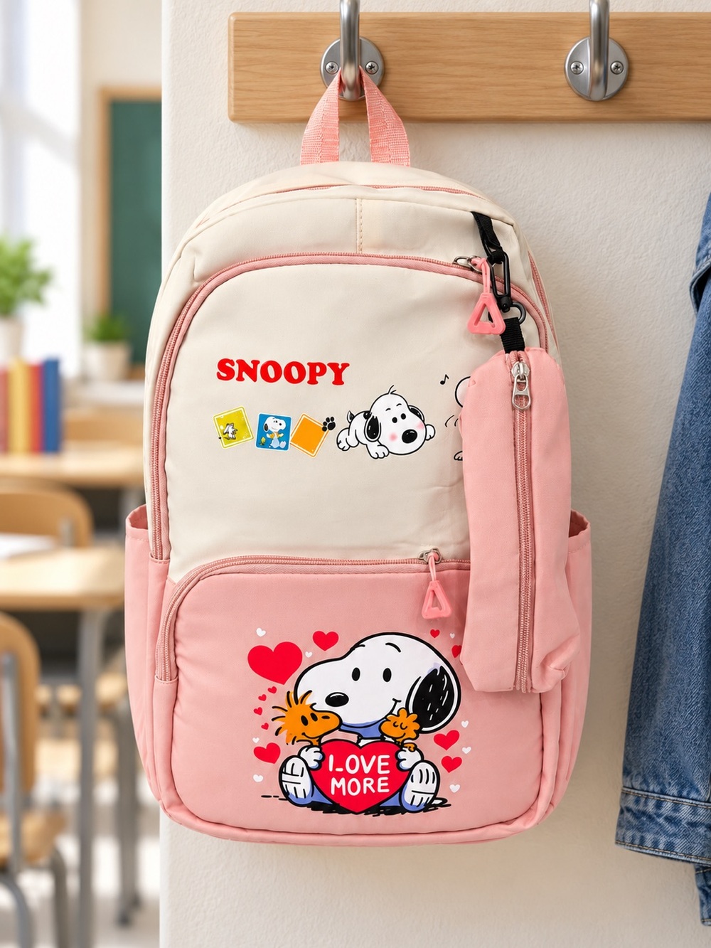 Snoopy & Woodstock Pink Cream Backpack with Matching Pencil Pouch – Love More